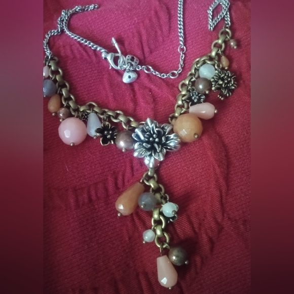 Fossil Necklace Gorgeous Drop With Mixed Metal Flowers And Neutral Beads - Picture 2 of 6